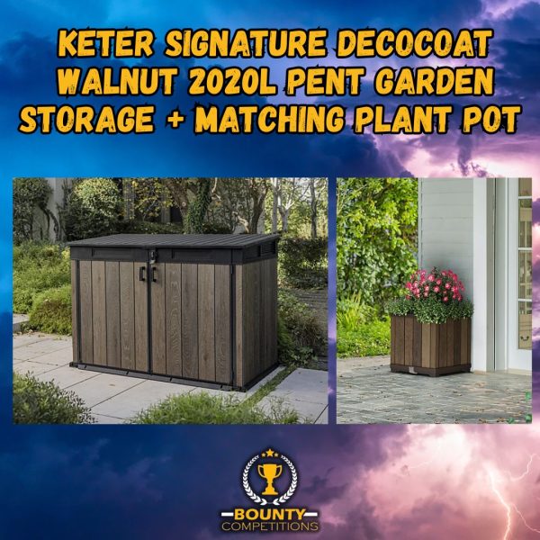 🪴 Keter Signature Decocoat Walnut 2020L Pent Garden Storage + Matching Plant Pot 🪴