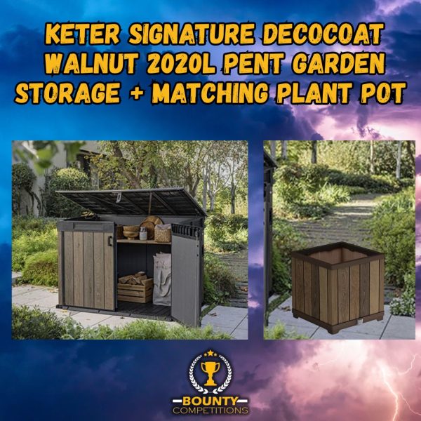 🪴 Keter Signature Decocoat Walnut 2020L Pent Garden Storage + Matching Plant Pot 🪴