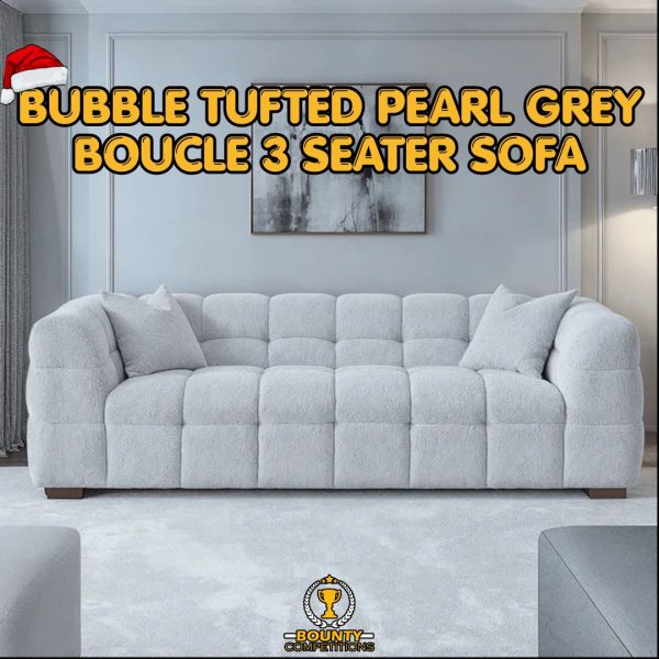 Won 🛋️ Bubble Tufted Pearl Grey Boucle 3 Seater Sofa 🛋️
